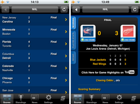 ScoreMobile iPhone Edition. Результаты спортивных матчей