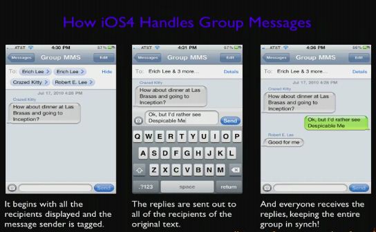 iOS 4 поддерживает «групповые сообщения». Другой вопрос, появятся ли они в России
