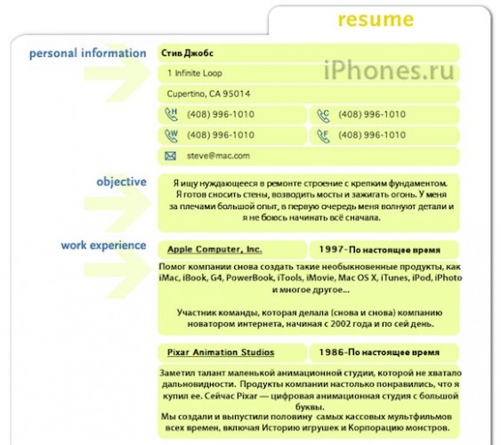 Резюме Стива Джобса