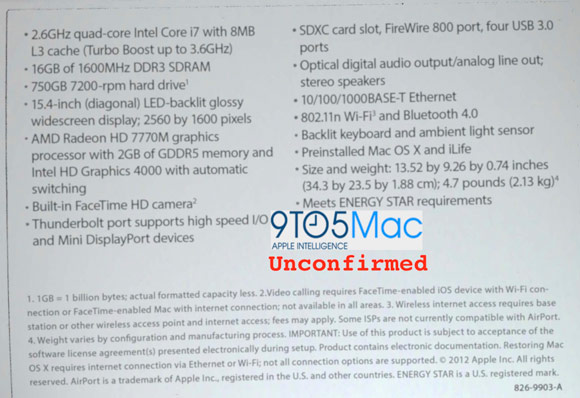 Новое фото: характеристики 15-дюймового MacBook Pro