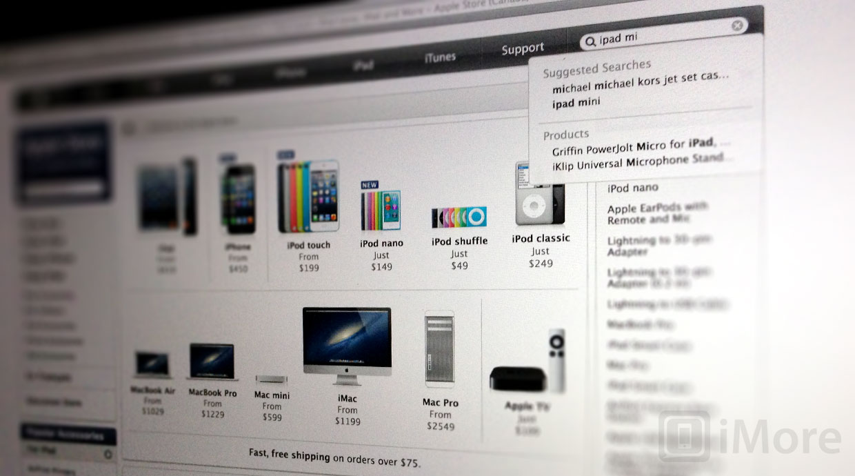 iPad mini в поисковых подсказках на Apple.com