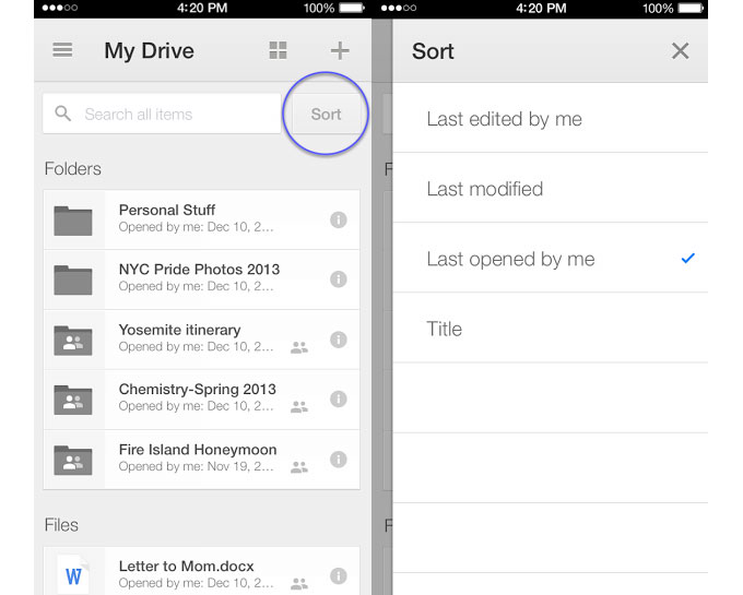 В приложении Google Drive для iOS реализована функция сортировки файлов