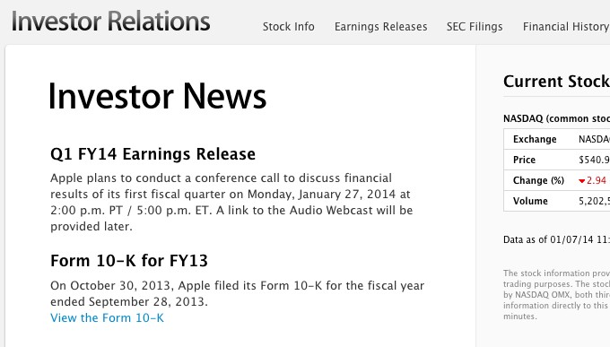 Финансовый отчёт Apple за Q1 2014 будет опубликован 27 января