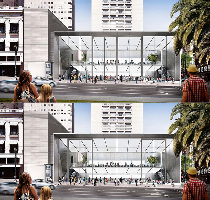 В измененном проекте магазина Apple Store в Сан-Франциско добавлены огромные раздвижные двери