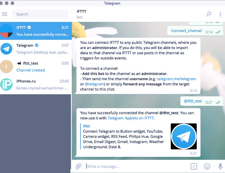 1. Заходим на сайт IFTTT в раздел Telegram и нажимаем Connect для установки...