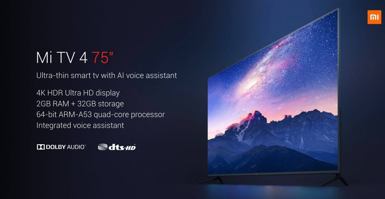 Xiaomi представила крутой 75-дюймовый телевизор с поддержкой 4K HDR