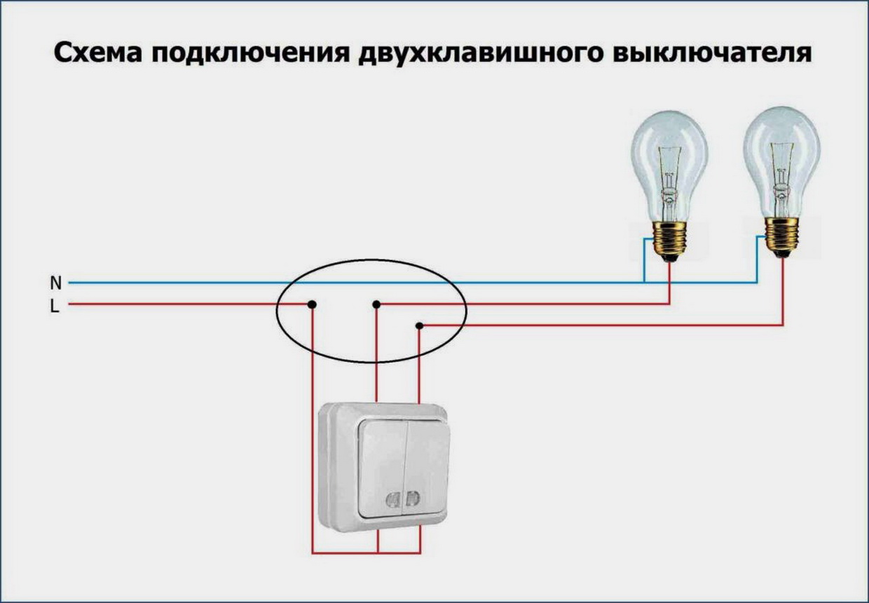 Как подключить выключатель switch. Схема подключения двухклавишного выключателя на 2 лампочки. Подключение двухклавишного выключателя схема подключения. Схема подключения 2 ламп на двойной выключатель. Схема подключения 2 лампочки сдвоенный выключатель.