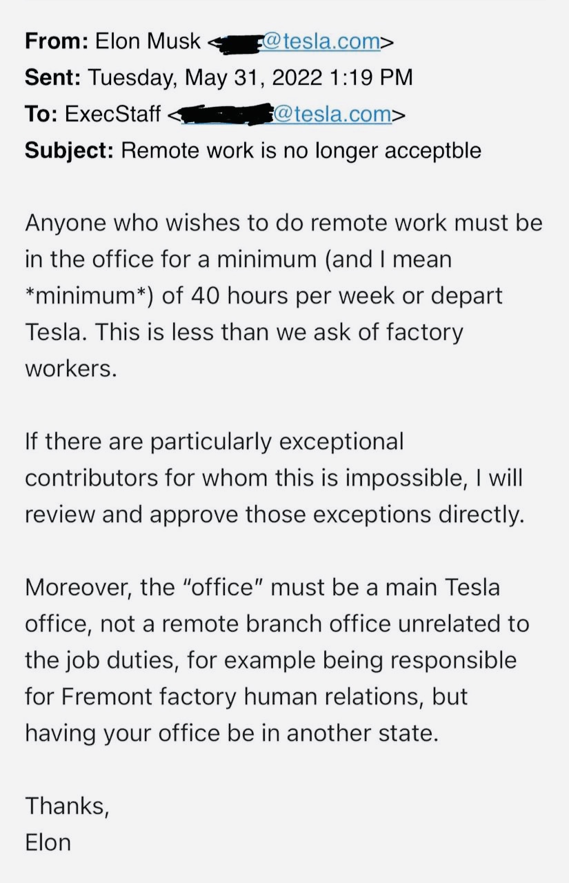 Илон Маск запретил сотрудникам Tesla работать удаленно. Кто не согласен, тот на выход