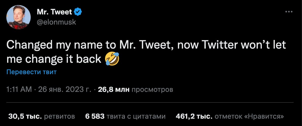 Илон Маск сменил имя в Twitter на Mr. Tweet. Теперь он не сможет вернуть всё обратно
