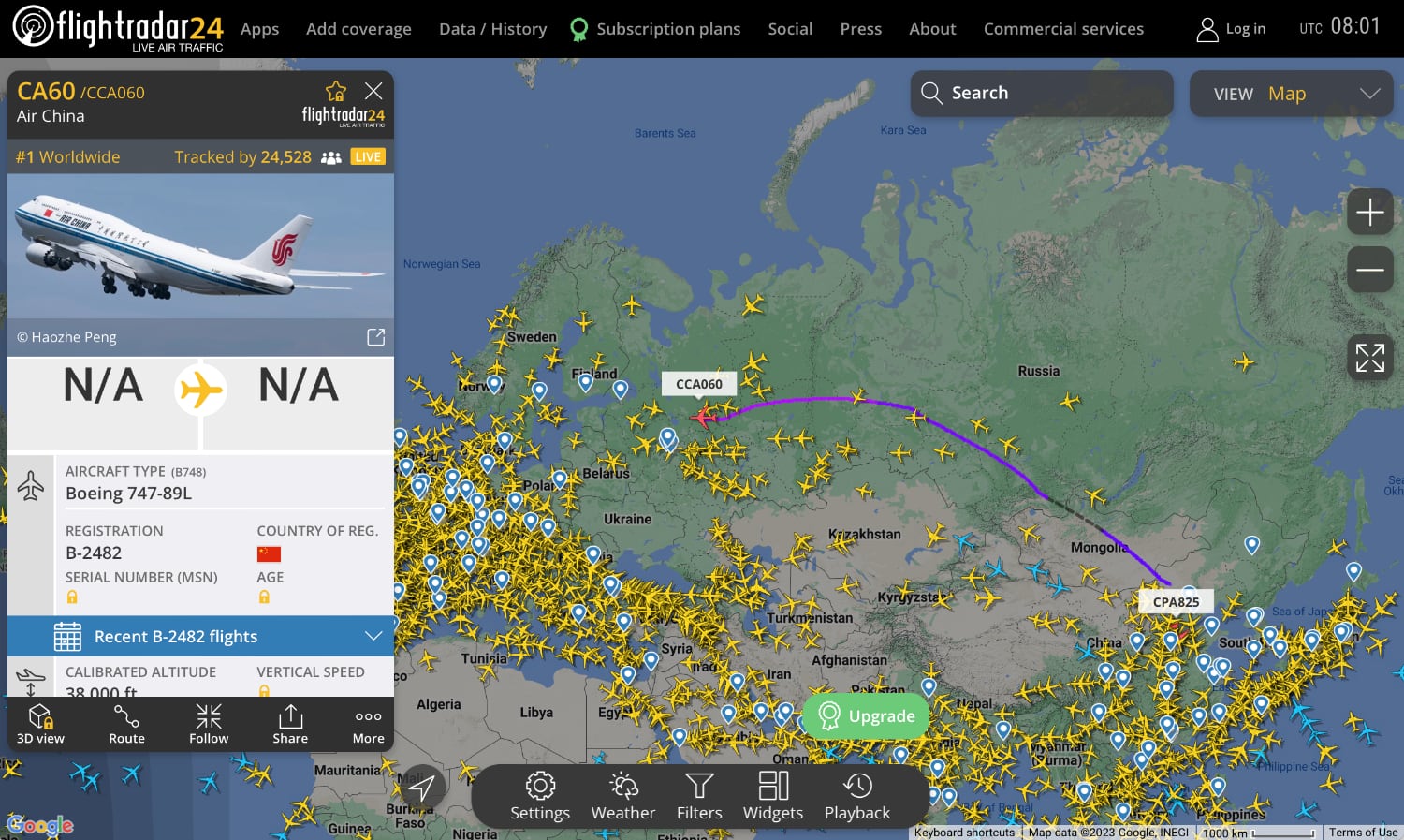 24 тысячи пользователей Flightradar сейчас следят за полетом Си Цзиньпиня в Россию