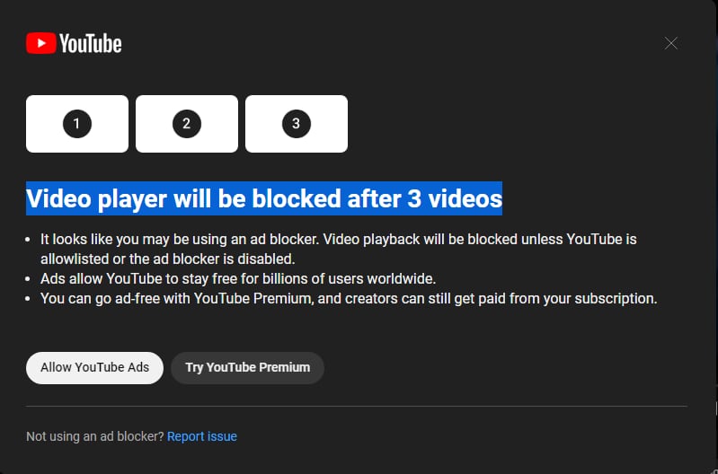 YouTube тестирует запрет просмотра видео после просмотра трех роликов с блокировщиком рекламы