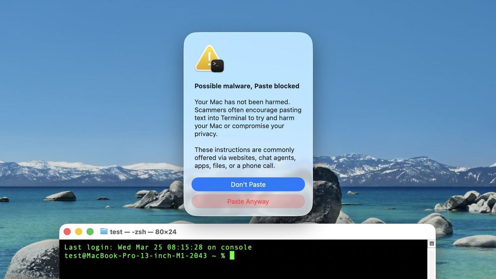 В Терминале macOS 26.4 появилась защита от мошенников. Приложение блокирует сомнительные команды