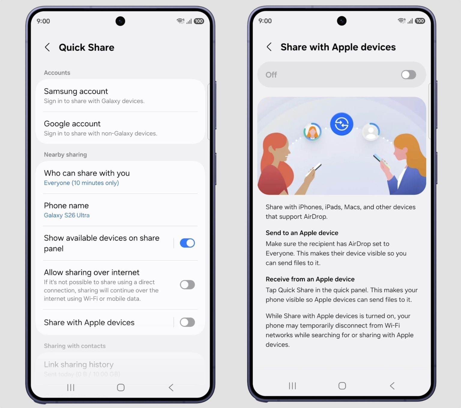 Samsung Galaxy S26 теперь может отправлять файлы на iPhone по AirDrop