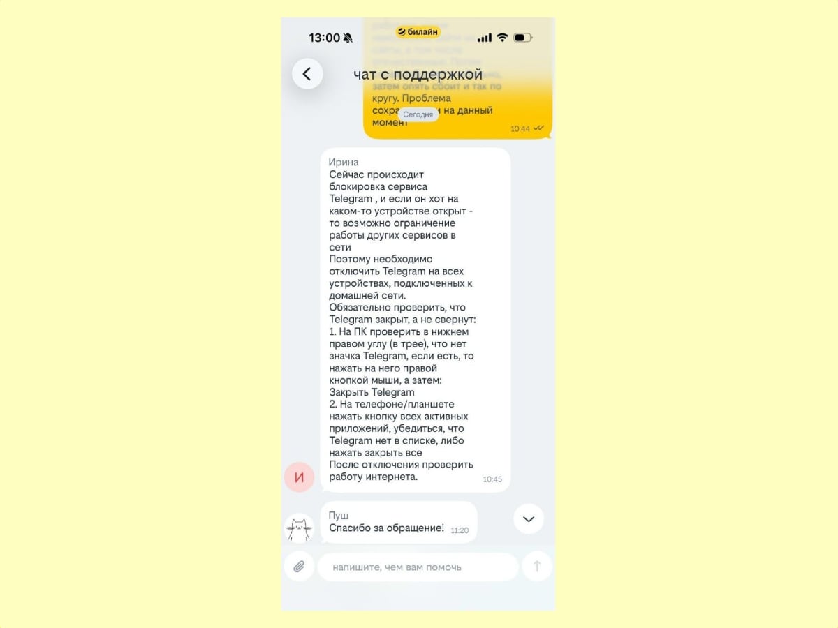 Билайн блокирует интернет, если на устройстве работает Telegram, а поддержка советует закрыть мессенджер
